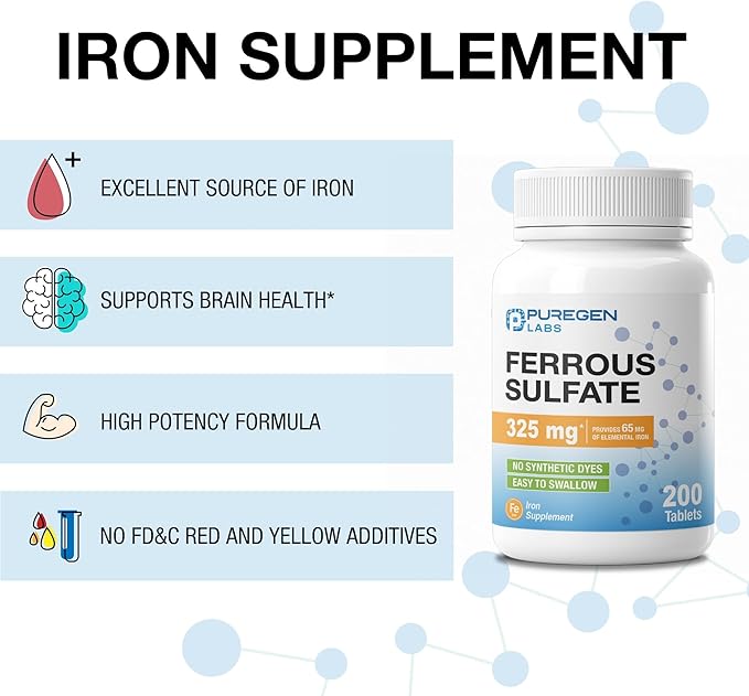 Puregen Labs Ferrous Sulfate 325 mg (65 mg Elemental Iron) High Potency Iron Supplement | No Artificial Color Additives - 200 Tablets