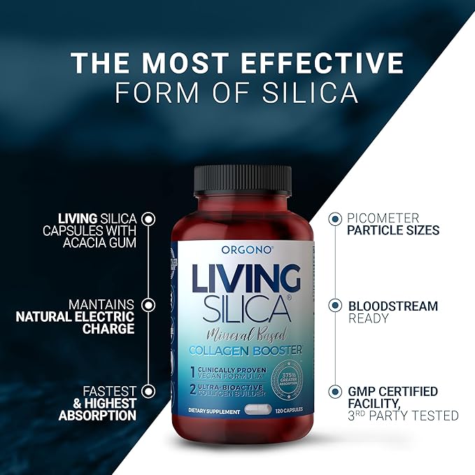 Living Silica ORGONO Mineral-Based Collagen Booster Capsules | Silica-Based | Supports Collagen & Elastin for Joint & Bone Support, Glowing Skin, Strong Hair & Nails | 120 Capsules
