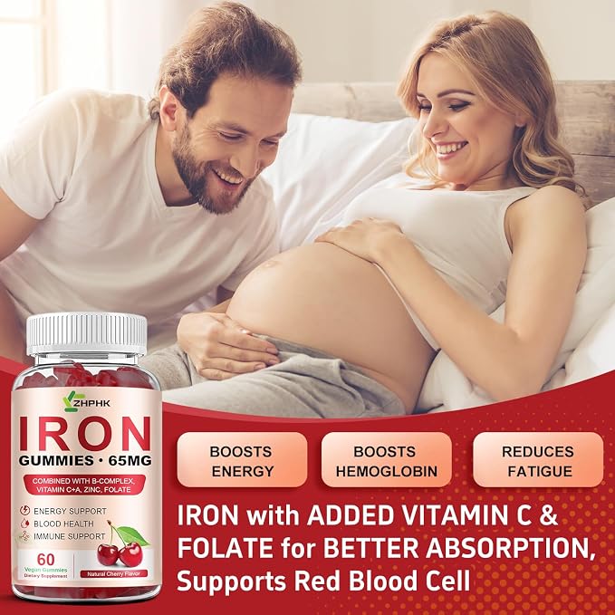 Iron Supplement for Women, Men & Kids, Iron 65mg & Vitamin C 250mg per Serving with B6 B12 Folate- Energy Support for Iron Deficiency, Anemia, Vegan Gummy Cherry Flavor, 60 Count