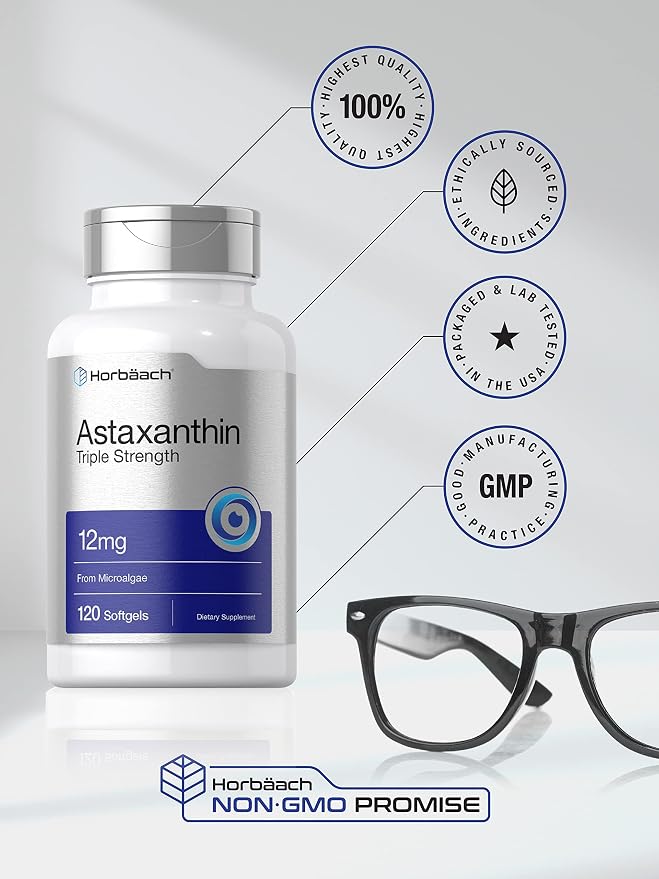 Horbäach Astaxanthin Supplement | 12mg | 120 Softgels | Triple Strength | from Microalgae | Non-GMO & Gluten Free