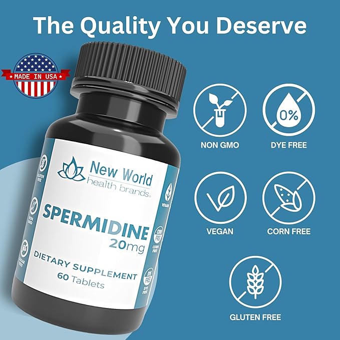 New World Health Brands Pure Spermidine (20mg) | 60 Tablets - Fertility, Anti-Aging & Reproductive Health Support, Easy to Swallow