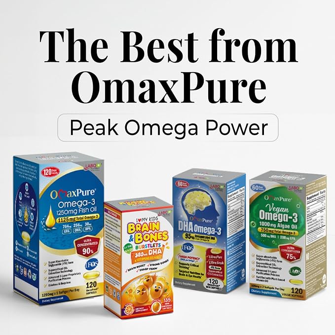 LABO Nutrition OmaxPure DHA Omega 3 Fish Oil | IFOS Certified High Strength rTG Omega 3 Fatty Acids Supplement with DHA & EPA - for Brain, Eye Prenatal Support | 120 Mini Softgels, 60 Servings