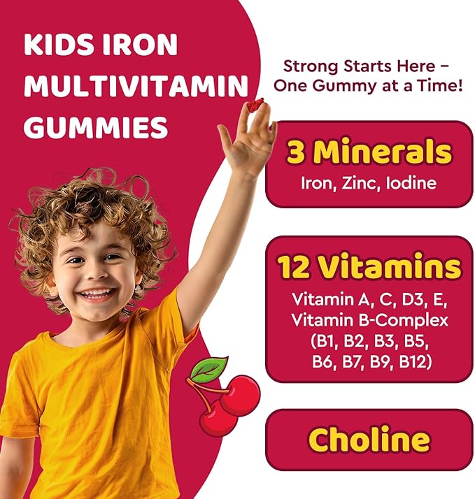 Iron Supplement Gummies for Kids, Kids Multivitamin with Iron Gummies - Zinc, Vitamin B Complex, A, C, D3, B12, Folate for Blood Builder & Energy Support, Iron Deficiency, Vegan Cherry 60ct