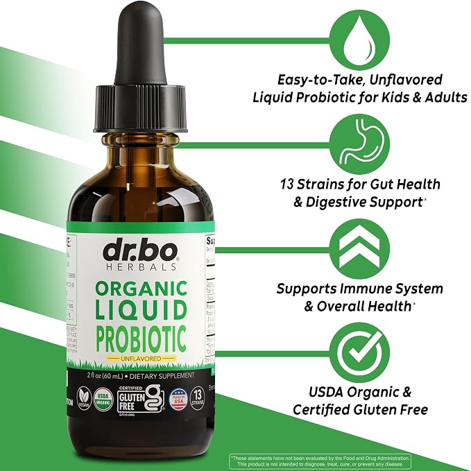 Organic Liquid Probiotic Drops Supplement - Organic Probiotics for Kids, Women & Men, Digestive Gut Health - Vegan Acidophilus Probiotics, Kid Flora Toddler Liquid Probiotic for Kids, Womens, Men 2 Oz