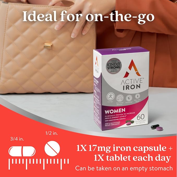 Active Iron Supplement 25mg + Multivitamin for Women, Clinically Proven to Increase Iron & Energy Levels, Maximum Absorption, Gentle, Non-Constipating, 30 Capsules + 30 Tablets in On-the-Go Foil Packs