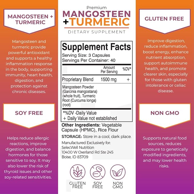Mangosteen + Turmeric Capsules | Joint & Digestion Support | Formulated for Wellness, Includes Natural Ingredients | 120 Vegetarian Capsules, 1500mg per Serving