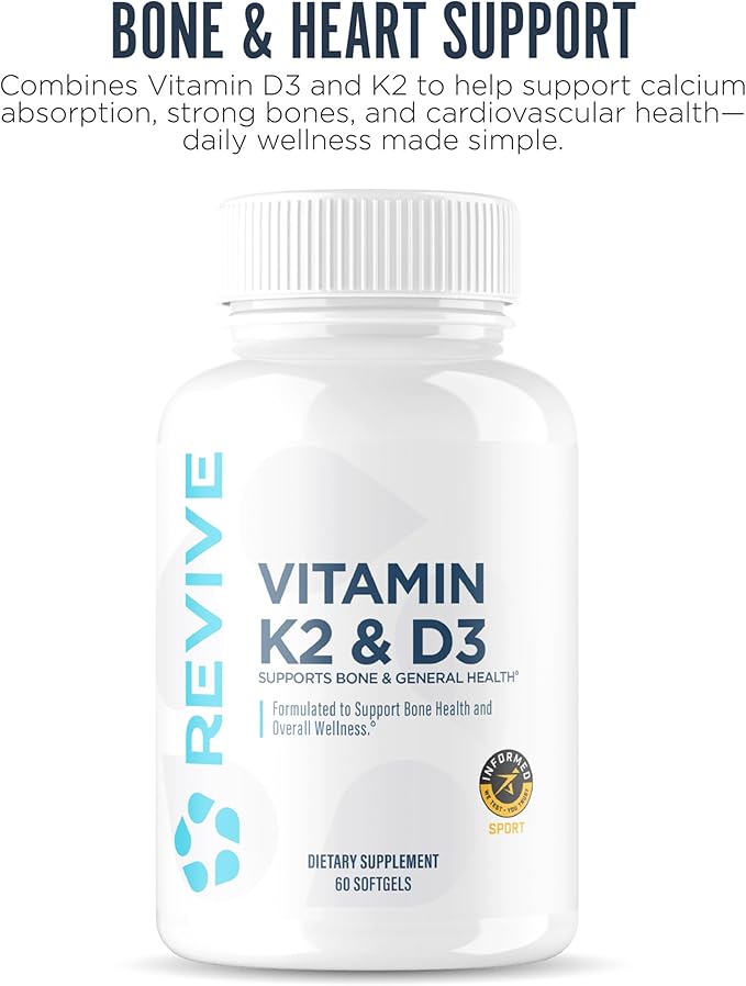 REVIVE MD Vitamin D3 & K2 Supplement for Women & Men - Physician Formulated K2 & D3 Vitamin Supplement Supports Bone Health & Muscle Strength - Immune & Cardiovascular Support (60 Servings)