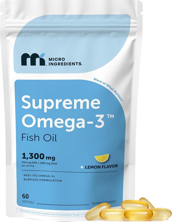 Micro Ingredients Supreme Omega-3 Fish Oil w/Ultra High EPA & DHA, Burpless Softgels | rTG Omega-3 with Vitamin D3 | Wild-Caught Cold Deep-Sea Fish | Lemon Flavor, Easy to Swallow, 60ct