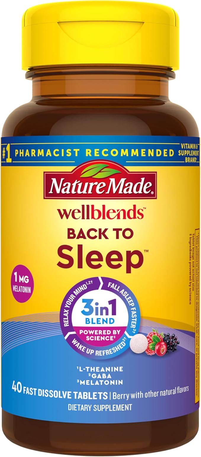 Nature Made Wellblends Back To Sleep, Lower Dose Melatonin 1 mg, L theanine 100 mg and GABA 100mg, Sleep Supplement, 40 Fast Dissolve Tablets