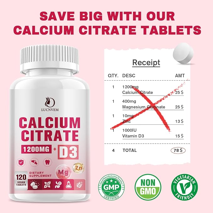 (2 Pack) Calcium Citrate with Vitamin D3 Supplement for Women & Men, Calcium Citrate 600/1200 mg with Magnesium Zinc D3 for Bone Muscle & Teeth Health - 120 Count - 120 Day Vegan Supply