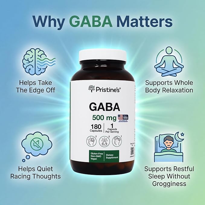 PRISTINE'S GABA 500mg Sleep Quality Support Supplement - 180 Day Supply - Calm Mind & Relaxation Sleep Support Capsules Glass Bottle