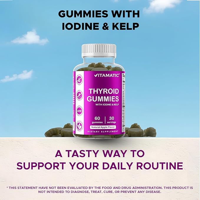 Vitamatic Vegan Thyroid Support Gummies with Iodine & Kelp – 60 Count Improve Your Energy & Increase Metabolism – Plant-Based