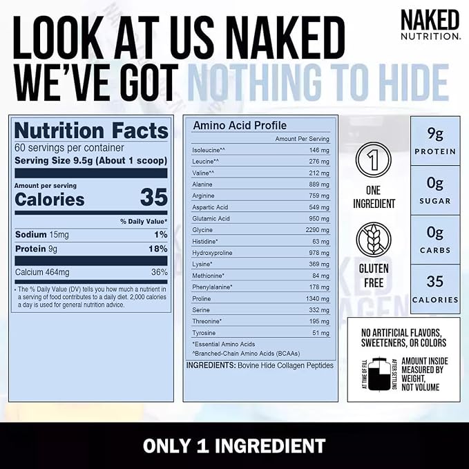 NAKED Collagen Peptides Protein Powder, 60 Servings, Pasture-Raised, Unflavored Grass-Fed Hydrolyzed Collagen Supplement, NSF Certified, Paleo Friendly, Non-GMO, Keto, Gluten Free, 20oz