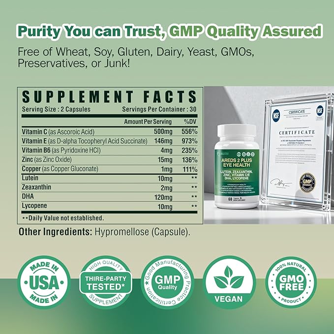 AREDS 2 Plus Eye Vitamin Supplement,Lutein and Zeaxanthin Supplements with DHA for Seniors Macular,Supports Visual Clarity,Focus & Eye Fatigue Relief,Non-GMO,Third-Party Tested(Made & Tested in USA)