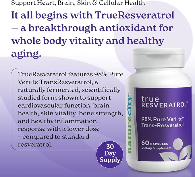 NatureCity TrueResveratrol – Resveratrol Supplement & Anti-Aging Support with 75mg Trans-Resveratrol (98% Pure Veri-te) for Heart, Immune, Bone & Cognitive Health | 60 Veggie Capsules