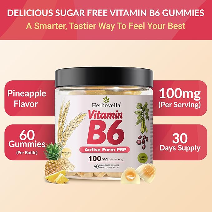Vitamin B6 Gummies 100mg, Vitamin B6 Supplement P5P for Energy & Nervous System, Sugar Free, Vegan, 60 Liquid-Filled Gummies.