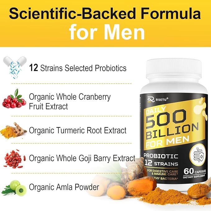 Probiotics for Men, 500 Billion CFUs & 12 Strains Mens Probiotic with Turmeric Cranberry, Goji, Gut Health for Men, for Digestive Health, Gut, Bloating & Gas, Immune, Energy Support, 60-Day Supply