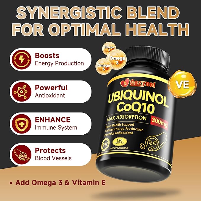 Ubiquinol CoQ10-300mg-Softgels with Vitamin E & Omega 3, Coenzyme Q10 Supplement High Absorption Support Heart Health & Energy-Production, Powerful-Antioxidant 120 Servings 4 Month Supply