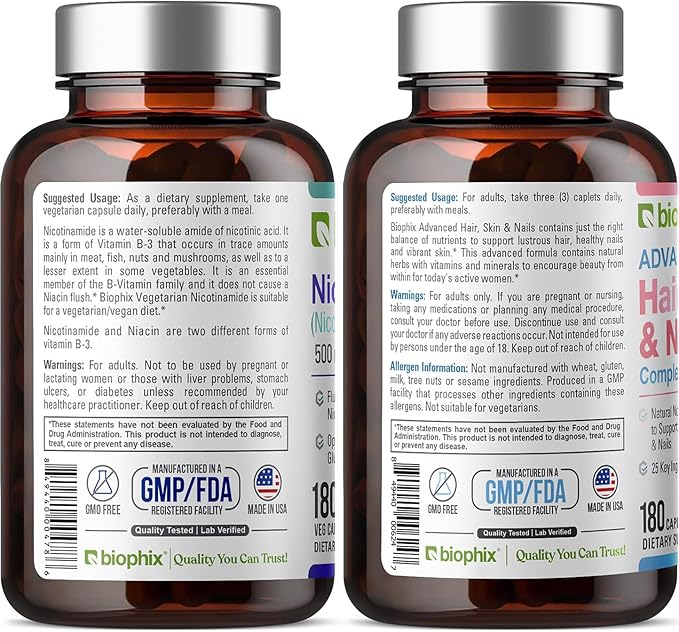 B-3 Nicotinamide 500 mg 180 Vcaps - Hair Skin and Nails 180 Caplets 10000 mcg Biotin - Nicotinic Amide Niacin Natural Flush-Free Vitamin Formula - Supports Skin Cell Health