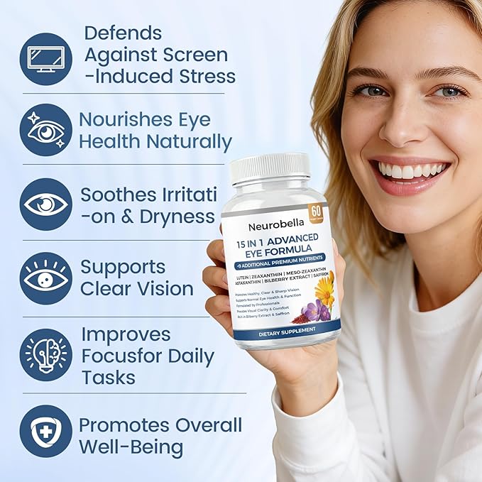 Neurobella Eye Formula, Neurobella 15 in 1 Advanced Eye Formula with All 3 Carotenoids, Lutein & Zeaxanthin, Saffron & Bilberry Extract
