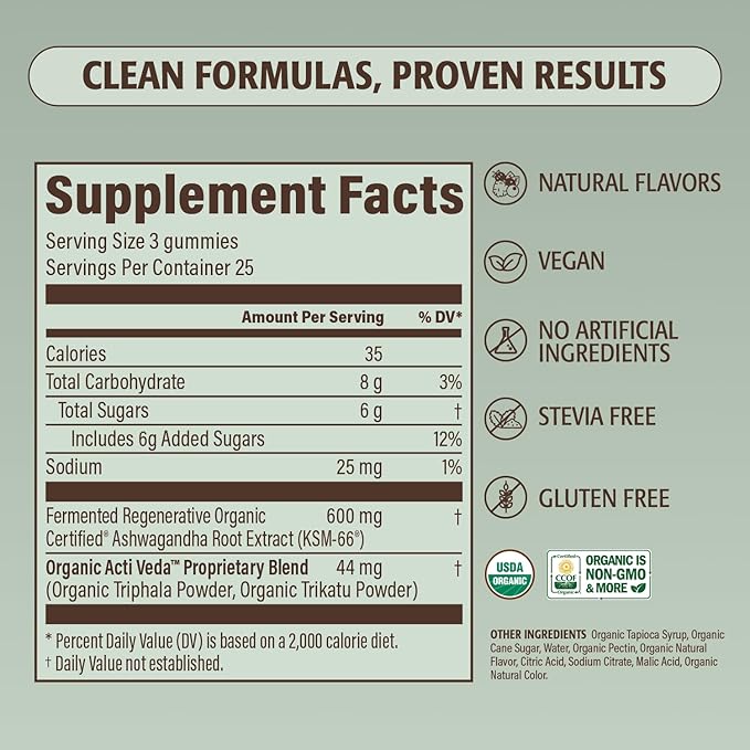 Regenerative Fermented KSM-66 Ashwagandha Vegan Gummies with Acti Veda™, Mixed Berry (600mg, 25 Servings), Up to 150% More Effective Than KSM-66 Alone