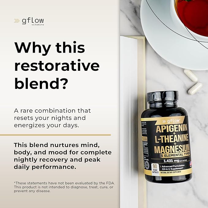 Apigenin Supplement for Sleep with Magnesium Glycinate Complex and L-theanine Supplement - 19 in 1, Ashwagandha L Tryptophan 5-HTP GABA Phosphatidyl Serine, Chamomile | Made in USA