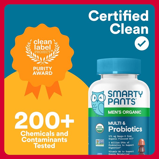 SmartyPants Multivitamin for Men, Organic Gummies: Probiotics, CoQ10, Methylfolate, Omega 3 (ALA), Vitamin D3, C, Vitamin B12, B6, A, K & Zinc for Immune Support, Biotin, 120 Gummies (30 Day Supply)