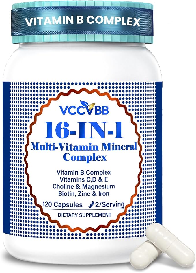 16-in-1 Vitamin B Complex Multivitamin for Women & Men, Methylated B12, Vitamin D3 + K2, Iron, Zinc, Choline & Inositol, Daily Energy, Focus & Immune Support, 120 Vegan Capsules