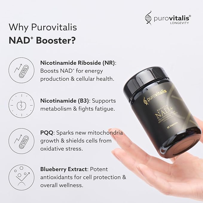 PUROVITALIS NAD+ Supplement, NAD with Nicotinamide Riboside (NR), Vitamin B3, PQQ, and Anthocyanin, Cellular Energy Booster, High Purity, 1-Month Supply (30 Vegan Capsules)