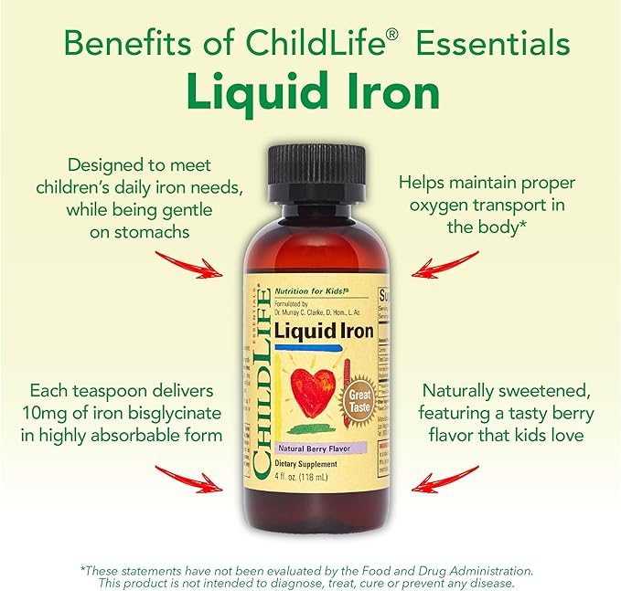 CHILDLIFE ESSENTIALS Liquid Iron for Kids - Iron Supplement Drops for Toddler & Baby, Gluten Free - Natural Berry, 4 Fl Oz