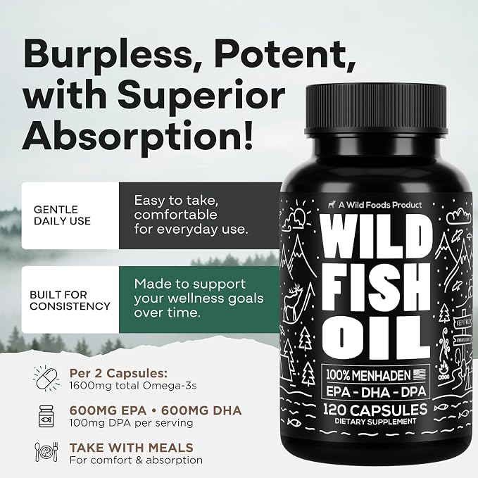 Wild Foods Omega 3 Fish Oil Supplement, 120 Capsules (1 pk) | Wild Caught, Burpless, Odorless, Non-GMO, Gluten Free | DPA, DHA, EPA Triple Strength Heart & Joint Nutrition for Women & Men