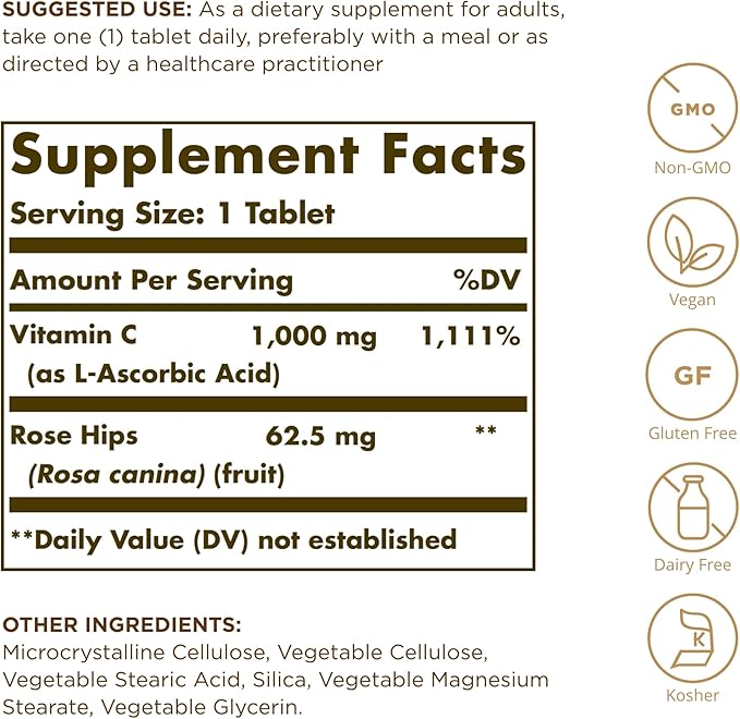 Solgar Vitamin C 1000 mg with Rose Hips - 100 Tablets - Antioxidant & Immune Support - Non-GMO, Vegan, Gluten Free, Dairy Free, Kosher - 100 Servings