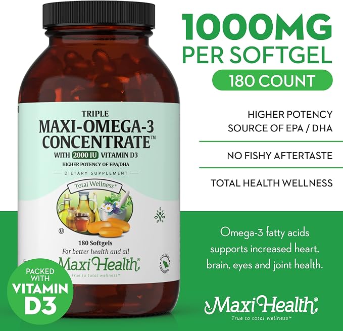 Maxi Health Triple Omega 3 Fish Oil Concentrate with 2000 IU Vitamin D3 – Enteric Coated Fish Oil Omega 3 Supplements with High EPA DHA for Heart, Brain, Joint, and Eye Support Kosher 180 Softgels