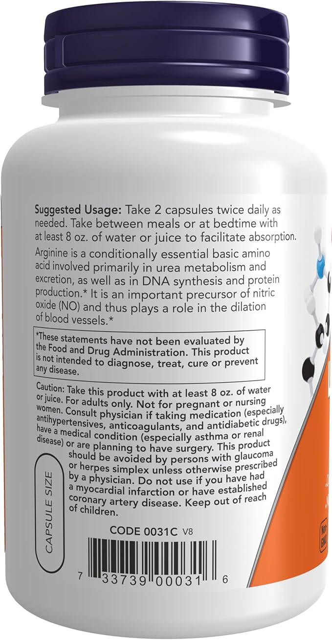 NOW Foods Supplements, L-Arginine 500 mg, Nitric Oxide Precursor*, Amino Acid, 250 Veg Capsules