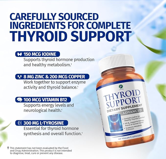 1 Body Thyroid Support Supplement, 90-Day Supply, 2 Pack with B12, Iodine, Zinc, Selenium, Ashwagandha, Non-GMO Vegetarian Formula (60 Count (Pack of 2))