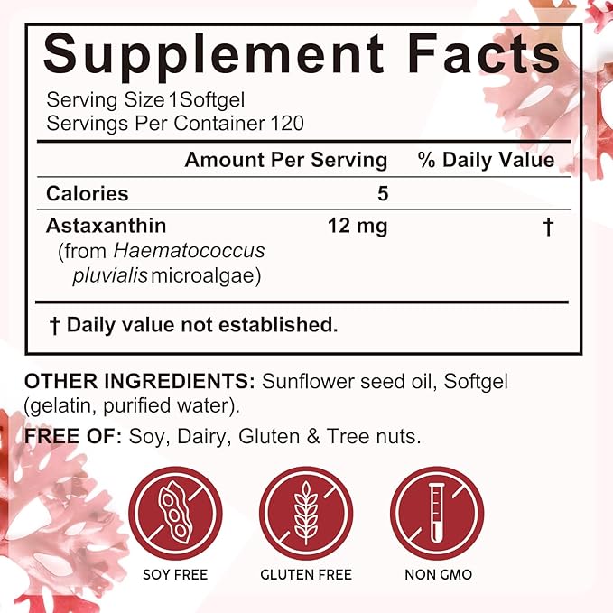 AIQIUSHA Astaxanthin Supplements 12mg with Coconut Oil, 120 Softgels, 4 Month Supply | Triple Strength Natural Astaxanthin from Microalgae | Non-GMO, Gluten & Soy Free