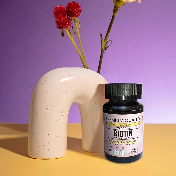 Biotin with Collagen and Keratin Complex, 25000 MG, Beauty Supplement with B Vitamins, 60 Veggie Capsules