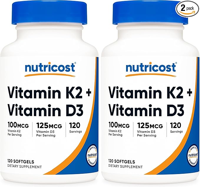 Nutricost Vitamin K2 (MK7) (100mcg) + Vitamin D3 (5000 IU) 120 Softgels - Gluten Free and Non-GMO (Pack of 2)