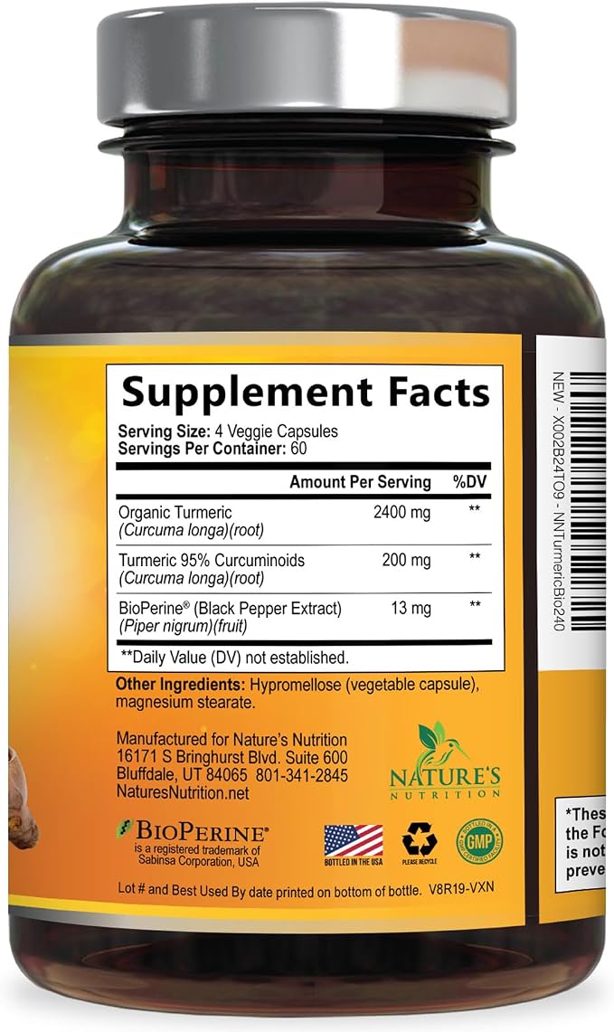 Turmeric Curcumin Supplement - 2400mg Organic Turmeric Per Serving - 95% Curcuminoids & BioPerine Black Pepper Extract for Best Absorption - Natural Vegan Joint Support, Bottled in USA - 240 Capsules