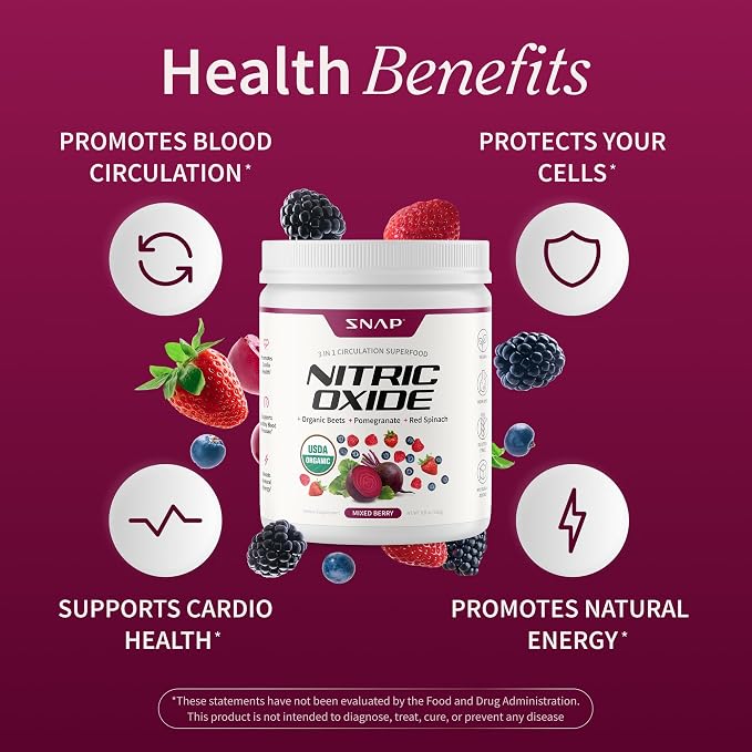 Snap Supplements Organic Beet Root Powder Nitric Oxide Supplement for Men & Women, Red Spinach & Pomegranate, Supports Healthy Energy & Blood Pressure Already in Normal Range, 30 Servings, Mixed Berry