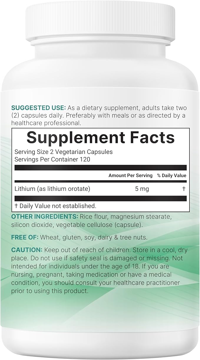 Micro Ingredients Lithium Orotate 5mg, 240 Vegetarian Capsules | 5mg Per Serving | Elemental Lithium Trace Mineral | Stable Low-Dose Orotate Form | Non-GMO, Filler Free