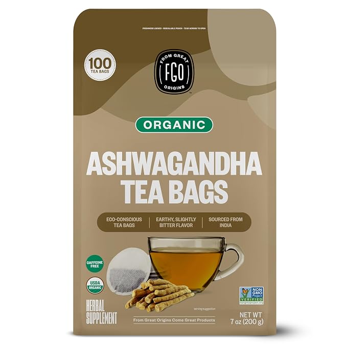 FGO Organic Ashwagandha Tea, 100 Count, Eco-Conscious Tea Bags, Resealable Bag, Packaging May Vary (Pack of 1)