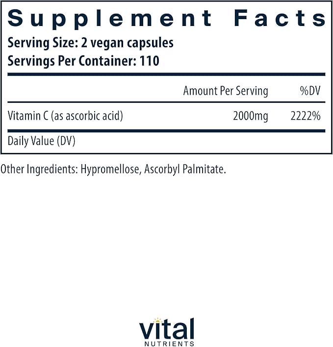 Vital Nutrients Vitamin C 1000mg (100% Pure Ascorbic Acid) - Vegan Antioxidant Supplement for Immune Support and Iron Absorption* - Gluten, Dairy and Soy Free - Non-GMO - 220 Capsules