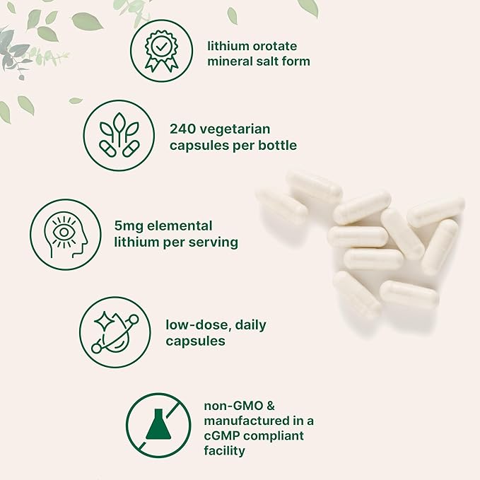 Micro Ingredients Lithium Orotate 5mg, 240 Vegetarian Capsules | 5mg Per Serving | Elemental Lithium Trace Mineral | Stable Low-Dose Orotate Form | Non-GMO, Filler Free