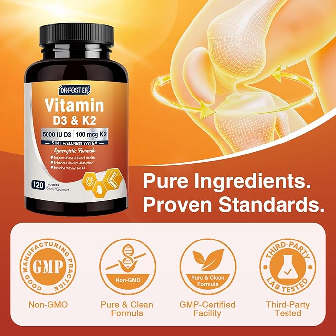 DRFOSTER Vitamin D3 K2, 5000 IU Vitamin D3 Plus 100 mcg of Vitamin K Supplements for Adults for Heart & Bone Health Support, 120 Capsules