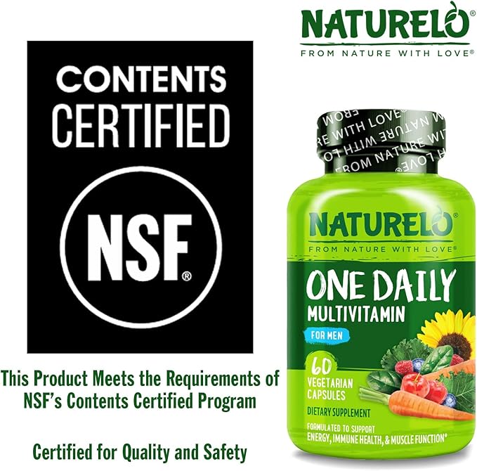NATURELO Mens Multivitamins - One Daily Multivitamin for Men with Vitamins, Minerals & Organic Whole Foods, Boost Energy & Health, Non-GMO, 60 Vegetarian Capsules