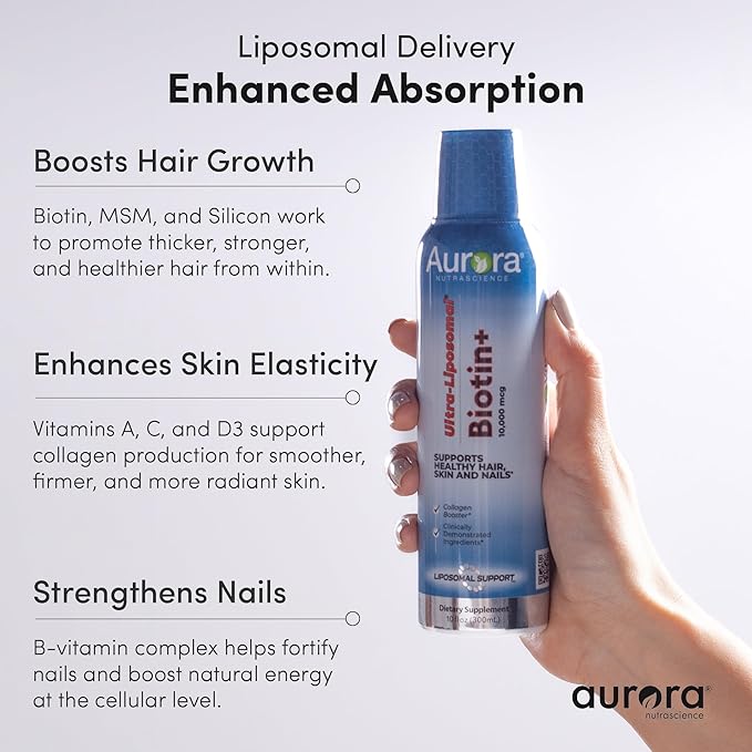 Vida Lifescience Aurora Nutrascience Ultra-Liposomal Biotin 10,000 mcg Collagen Booster Supplement, Supports Healthy Hair, Skin & Nails, Caramel Flavor, 30 Servings, 10 fl oz