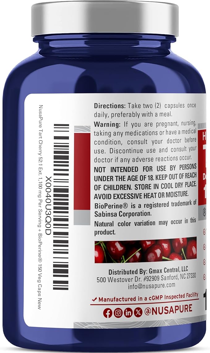 NusaPure Tart Cherry Capsules, 1100 mg, 150 Veg Capsules (Non-GMO, Vegan)