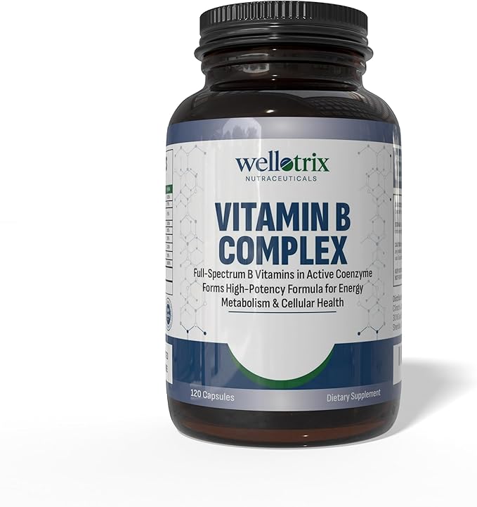 Wellotrix Advanced B-Complex – Full Spectrum of 8 Essential B Vitamins (B1, B2, B3, B5, B6, B7, B9, B12) in Active Coenzyme Forms – Supports Energy Metabolism & Cellular Health – 120 Capsules