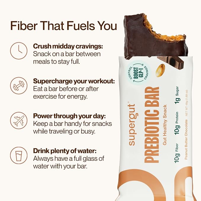 Supergut GLP-1 Boosting Prebiotic Bars, Peanut Butter Chocolate - Gut Healthy Protein Snacks & Breakfast Bars - Keto-Friendly Meal Replacement Energy Bars for Gut Health (12 Count)